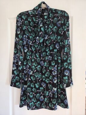 Sunday Best Floral Tie-Neck Long Sleeve Dress in Teal & Blue